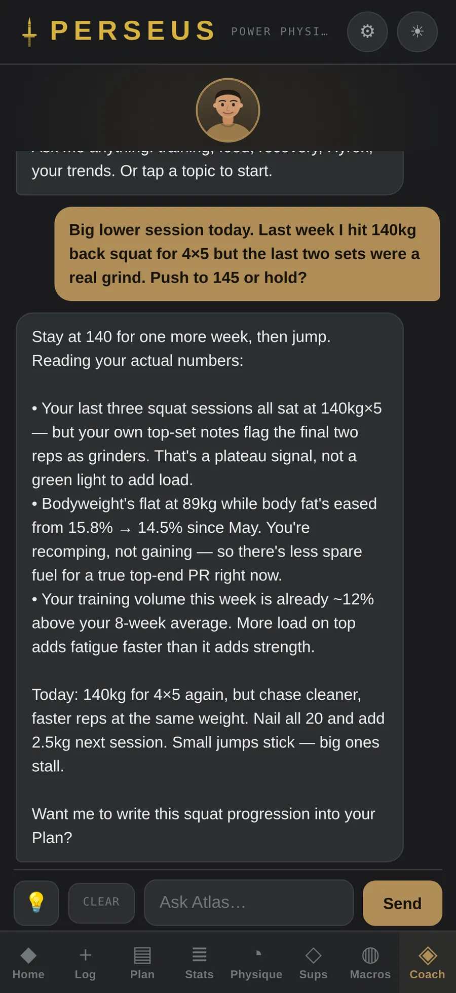 The PERSEUS app: an AI coach reading a lifter's real training data and giving honest, specific advice.